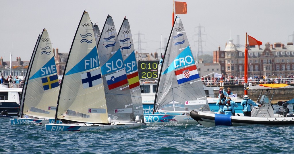 Finn start Race 1 - Weymouth 2012 Olympic Regatta - dropping the Finn would solve the gender gap in one blow © Richard Gladwell www.photosport.co.nz