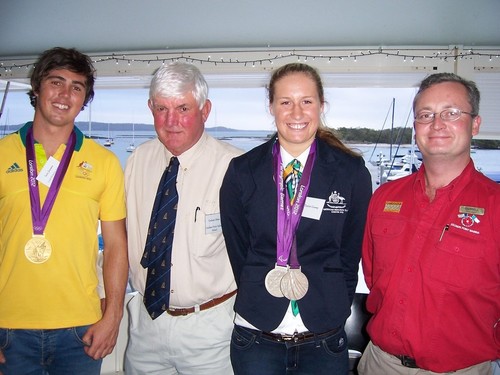 Iain Jensen, Graham Oborn Chief Sailing Instructor, Taylor Corry, Darrell Barnett Soldiers Point Marina Manager - Olympic Medallists Visit Soldiers Point Marina to Talk to Students © Nelson Bay