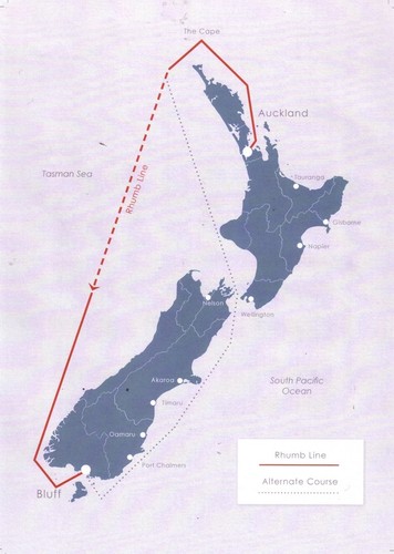Course for the Auckland to Bluff race, showing the direct and rough weather alternative course through Cook Strait © SW