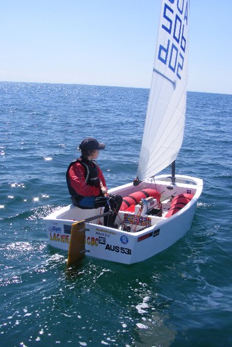 10 year old Lachie Hartnett in his Optimist. Photo: Leisa Hartnett © Sailingshack http://www.sailingshack.com.au