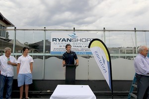 Ryan Short addressing the crowd and outlining the vision and commitment of the business going forward. photo copyright Martin Thompson taken at  and featuring the  class