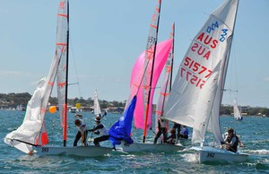 Busy at the top mark on the final day - 2012 Nautilus Marine Yachting NSW Youth Championships photo copyright Mainsheet Media taken at  and featuring the  class
