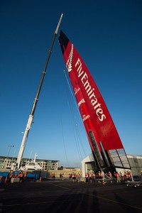 Emirates Team New Zealand step the AC72 wing for the first time at the team&rsquo;s base in Auckland. photo copyright Chris Cameron/ETNZ http://www.chriscameron.co.nz taken at  and featuring the  class