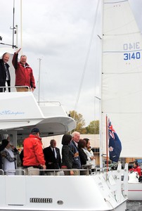 Tasmanian State Governor Peter Underwood takes the salute from ML Masterpiece. photo copyright  Andrea Francolini Photography http://www.afrancolini.com/ taken at  and featuring the  class