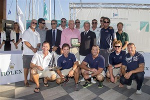 From left - Riccardo Bonadeo, YCCS Commodore, Gian Riccardo Marini, General Director of Rolex SA with BELLA MENTE team - 2012 Maxi Yacht Rolex Cup photo copyright  Rolex / Carlo Borlenghi http://www.carloborlenghi.net taken at  and featuring the  class
