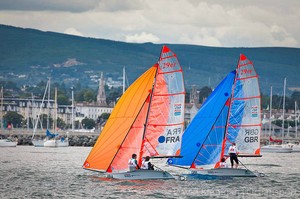 French and British 29er skiffs heading for shore after the final race of the ISAF Youth World Sailing Championships sponsored by Four Star Pizza on Dublin Bay, Ireland. photo copyright David Branigan - Oceansport.ie taken at  and featuring the  class