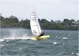 The Weta flying on Lake Pupuke photo copyright Lancer Industries. www.lancer.co.nz taken at  and featuring the  class