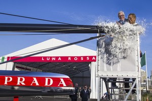 Launch of the new Luna Rossa AC72 wingsailed catamaran on Friday, Oct. 26, 2012, in Auckland, New Zealand.  
The Luna Rossa catamaran, skippered by Max Sirena, is the Italian Challenger to the 34th America's Cup that will be held in San Francisco in 2013. 
Miuccia Prada christens the boat. 
(Photo: LUNA ROSSA / Carlo Borlenghi) - Luna Rossa 2012 launch in Auckland photo copyright Luna Rossa/Studio Borlenghi taken at  and featuring the  class