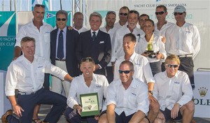 The crew members of Nilaya receive a Rolex timepiece for winning in the Super Maxi Class. From left: Riccardo Bonadeo, YCCS Commodore, Gian Riccardo Marini, General Director of Rolex SA with NILAYA team - 2012 Maxi Yacht Rolex Cup photo copyright  Rolex / Carlo Borlenghi http://www.carloborlenghi.net taken at  and featuring the  class