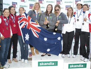 Nina Curtis, Olivia Price, Lucinda Whitty on the podium after winning gold at the 2012 Skandia Sail for Gold in Weymouth - London Olympics 2012 photo copyright onEdition http://www.onEdition.com taken at  and featuring the  class