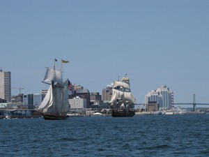 The 159-foot topsail schooner Pride of Baltimore II and the 180-foot full-rigged ship Bounty sail into Halifax, Nova Scotia for the  TALL SHIPS CHALLENGE® Atlantic Coast 2012 series. photo copyright  Tall Ships America http://www.tallshipsamerica.org/ taken at  and featuring the  class