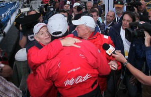 A big hug for 'Ricko' from Bob Oatley and Bob's wife Val - Rolex Sydney Hobart Race 2012 photo copyright Crosbie Lorimer http://www.crosbielorimer.com taken at  and featuring the  class