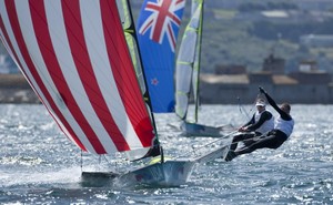 Erik Storck and Trevor Moore (USA) competing today, 30.07.12, in the Men&rsquo;s Skiff (49er) event in The London 2012 Olympic Sailing Competition. photo copyright onEdition http://www.onEdition.com taken at  and featuring the  class