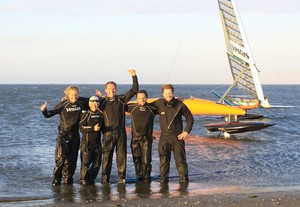 Alex Adams, Helena Darvelid, Paul Larsen, Ben Quemener, Ben Holder. 3rd session after doing 60 knots+ on Vestas Sailrocket 2. photo copyright  Helena Darvelid/VestasSailrocket http://www.sailrocket.com/ taken at  and featuring the  class