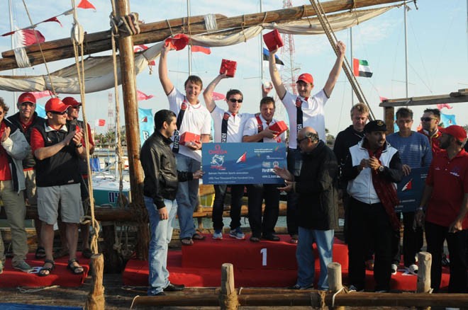 The top three teams on the podium with officials at the closing ceremony - 2012 Kingdom Match Race © Rami Ayoob