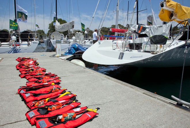 PFDs lined up and ready to go for the safety inspection. - Rolex Sydney Hobart Yacht Race ©  Alex McKinnon Photography http://www.alexmckinnonphotography.com
