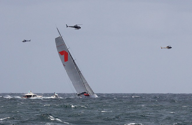When you’re out in front everybody wants a piece of you. Wild Oats XI has a squadron of choppers to keep her company. - Rolex Sydney Hobart Yacht Race ©  John Curnow