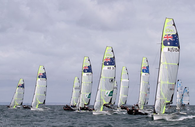 And the boys (and girls) line up for the start of the second race. - 49er National Championships ©  Alex McKinnon Photography http://www.alexmckinnonphotography.com