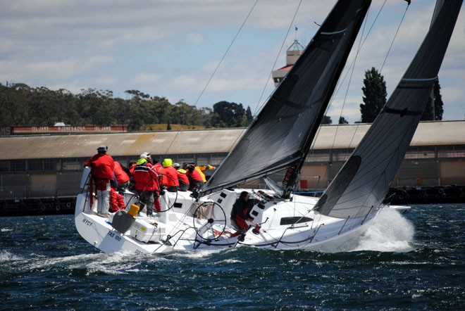 The Fork in the Road powering down the Tamar River yesterday in pursuit of AdvantEDGE - 2012 Launceston to Hobart Race ©  Andrea Francolini Photography http://www.afrancolini.com/