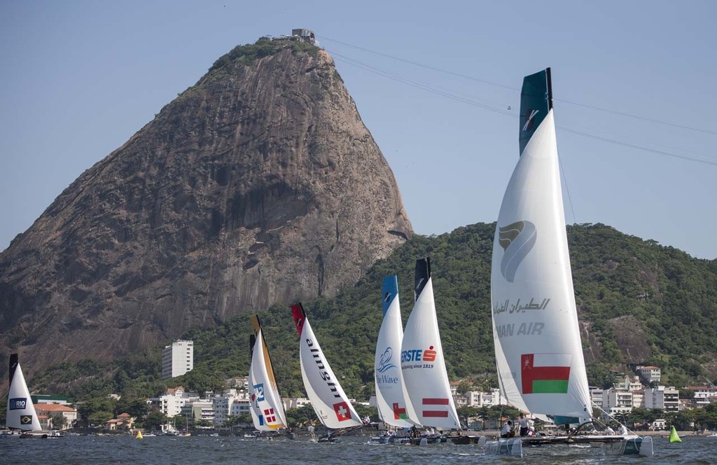 7th December, 2012. Rio de Janeiro, Brazil.
Extreme Sailing Series 2012, Act 8.
Images of Oman Air, skippered by Morgan Larson (USA), with tactician Will Howden (GBR), mainsail trim Charlie Ogletree (USA), headsail trim Andy Maloney (NZL) and bowman Nasser Al Mashari (OMA).

Credit: Lloyd Images. photo copyright Lloyd Images http://lloydimagesgallery.photoshelter.com/ taken at  and featuring the  class