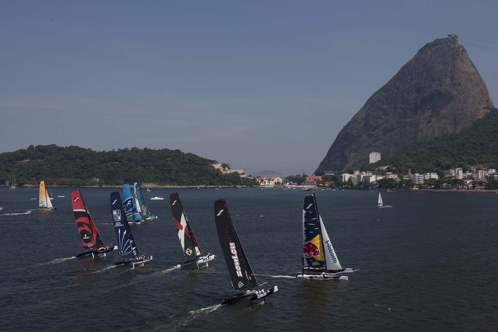 The fleet of Extreme 40s fly off the start line and race up towards Sugarloaf mountain © Lloyd Images http://lloydimagesgallery.photoshelter.com/