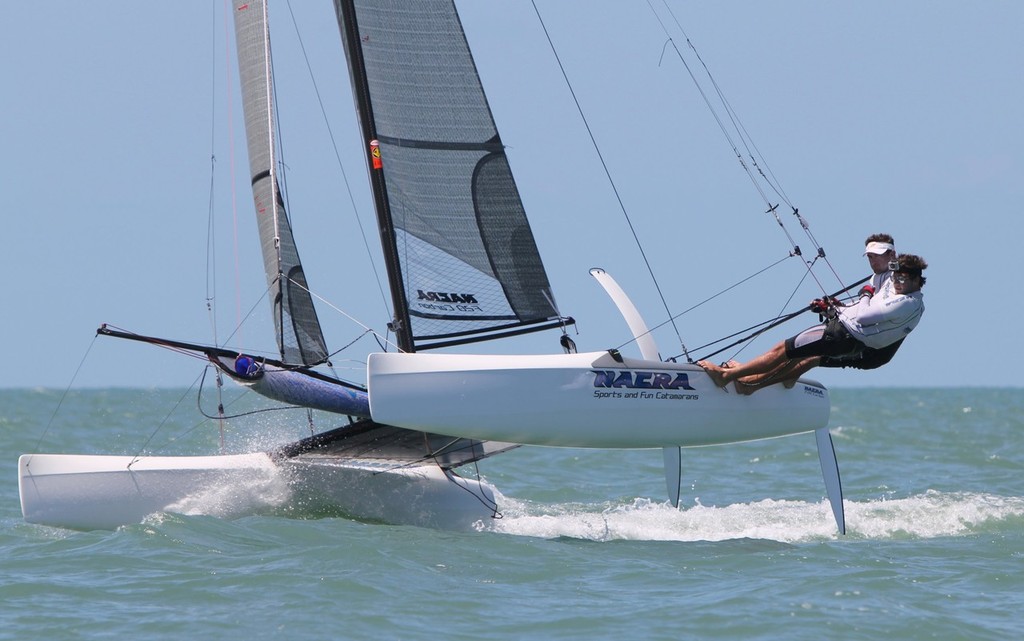Michael Guinea and Viv Hayden forgo the last race of the regatta and complete it in a Nacra F20 - Zhik Mission Beach Regatta photo copyright Tom Orr taken at  and featuring the  class