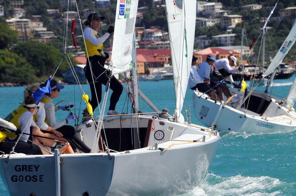 Close match racing between Brazil's Renata Decnop (left) and the USVI's Tyler Rice (right and ahead). - Carlos Aguilar Match Race photo copyright Dean Barnes taken at  and featuring the  class