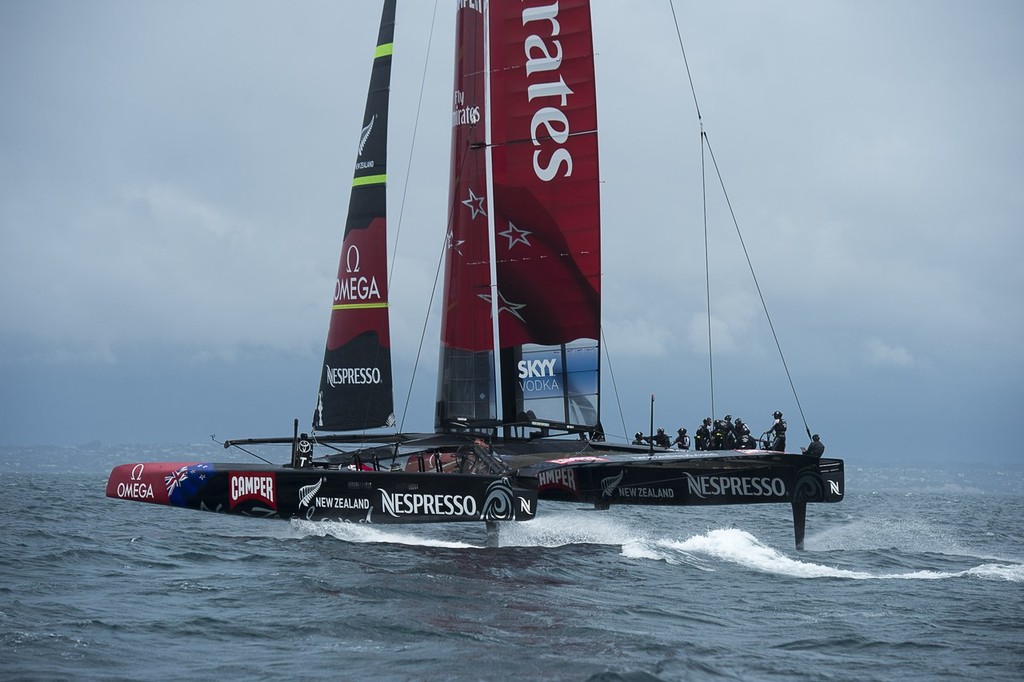 Emirates Team New Zealand training with  the team’s first AC72 on the Hauraki Gulf. 6/12/2012 © Chris Cameron/ETNZ http://www.chriscameron.co.nz
