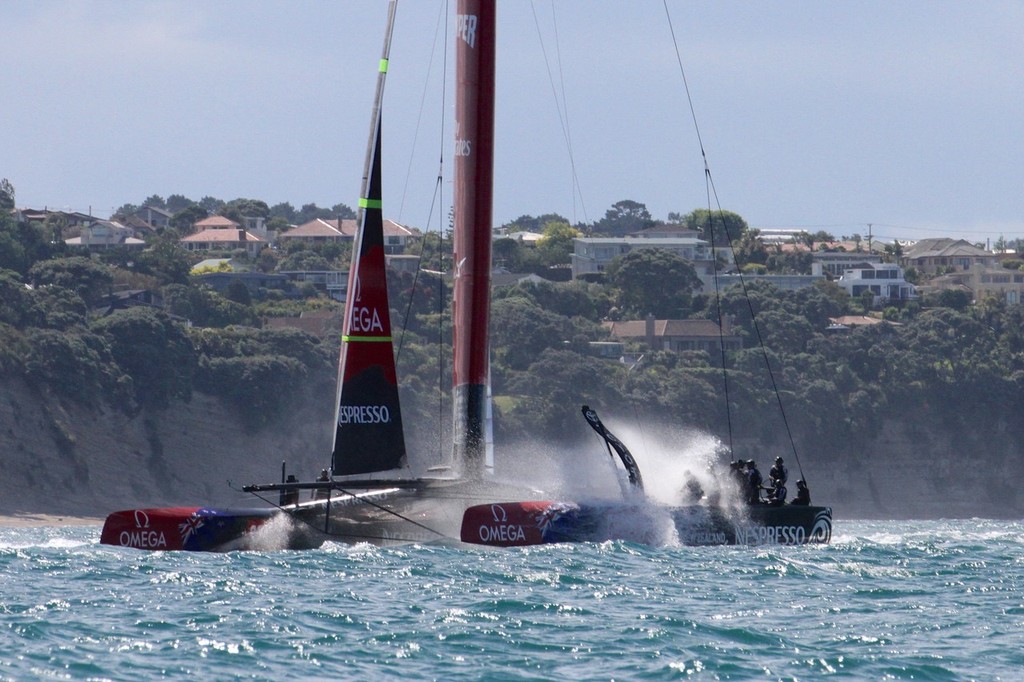 A wet ride on Emirates Team NZ's AC72 - last day of sailing December 12, 2012 photo copyright Richard Gladwell www.photosport.co.nz taken at  and featuring the  class