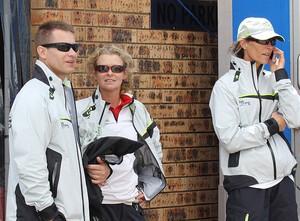 Some of t.he crew including Peter Cosman on the left await Grant Wharington's return from the CYCA Sailing Office - Rolex Sydney Hobart Yacht Race photo copyright  John Curnow taken at  and featuring the  class