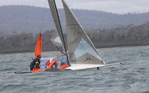 Ross Daley and Matt Keil sailing Early Warning  - Fishing for Prawns on Bell Bay! - Goaty Hill West Tamar Council B14 National Championships 2012 -2013 photo copyright Judi Marshall taken at  and featuring the  class