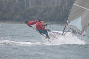 AUS 367 - Steve Miller and Earle Westbury sailing Phantom! Got on that Hiking Earle! - Goaty Hill West Tamar Council B14 National Championships 2012 -2013 photo copyright Judi Marshall taken at  and featuring the  class