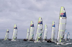 And the boys (and girls) line up for the start of the second race. - 49er National Championships photo copyright  Alex McKinnon Photography http://www.alexmckinnonphotography.com taken at  and featuring the  class
