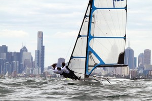 New Zealand's Alex Maloney and Molly Meech in the FX with Melbourne's CBD as a backdrop. - ISAF Sailing World Cup - Sail Melbourne photo copyright  Alex McKinnon Photography http://www.alexmckinnonphotography.com taken at  and featuring the  class
