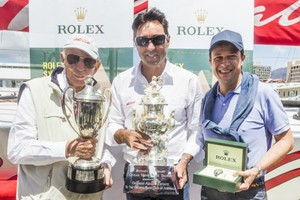 Bob Oatley and Mark Richard with the silverware as Patrick Boutellier presents the Rolex Yacht-Master photo copyright ROLEX-Carlo Borlenghi taken at  and featuring the  class