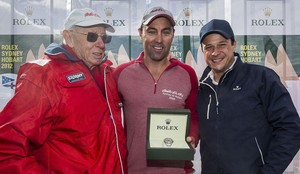 Line honours presentation - (L to R) Bob Oatley (Wild Oats XI owner), Mark Richards (Wild Oats XI skipper) and Patrick Boutellier (Rolex Australia) - 2012 Rolex Sydney Hobart Yacht Race photo copyright  Rolex / Carlo Borlenghi http://www.carloborlenghi.net taken at  and featuring the  class