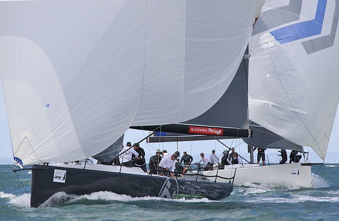 Hooligan and Calm 2 approach the bottom mark together. - TP52 Southern Cross Cup ©  John Curnow