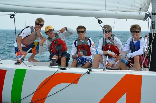Teens having fun off the shore during match racing battle in Chicago © Chicago Match Race Center