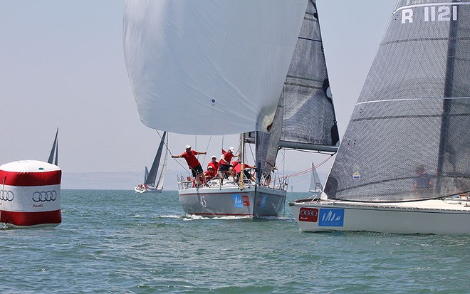 Wild Oats with the all-conquering Adams 10, Executive Decision crossing in front to go around the Northern Gate. - Audi IRC Australian Championships ©  John Curnow
