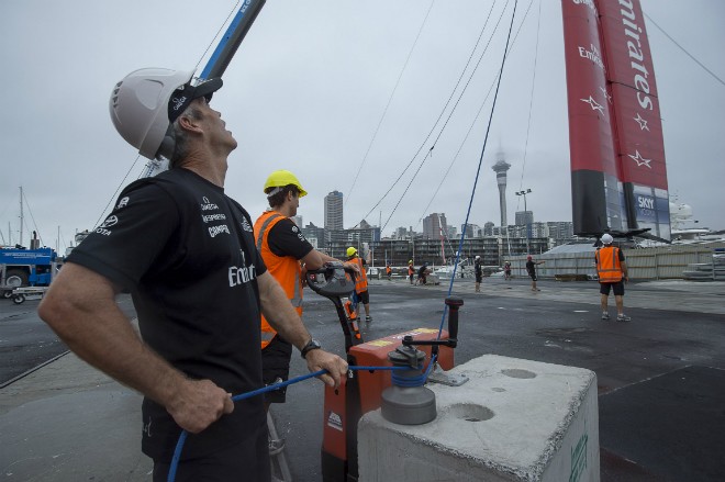 Emirates Team New Zealand use  several electrically powered tugs, carrying a substantial anchor weight to anchor and control the wingsail during the lift and launch process © Emirates Team New Zealand / Photo Chris Cameron ETNZ 