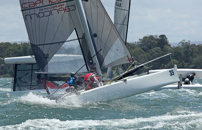 Matt Horman and Adrian Forset survive the top mark rounding passing those who haven’t.  - F18 Nationals  © Crosbie Lorimer http://www.crosbielorimer.com