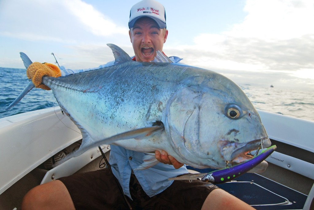 Lee with a solid giant trevally.  Fish like this hold hard in your memory. photo copyright Lee Brake taken at  and featuring the  class