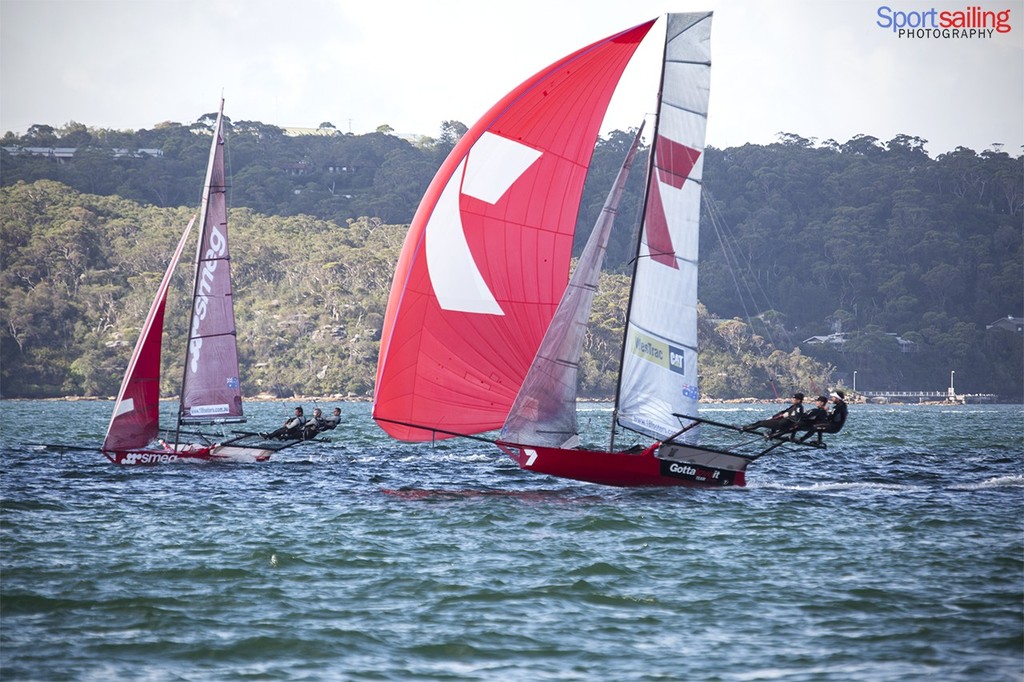 Gotta Luv it 7 picks  up speed towards the finish line in a race for 3rd, 4th and 5th place of day 4 - 18ft Skiff JJ Giltinan Championships 2013 - Day 4 photo copyright Beth Morley - Sport Sailing Photography http://www.sportsailingphotography.com taken at  and featuring the  class