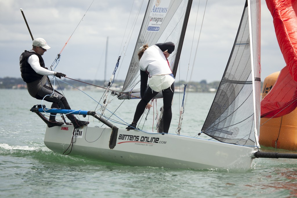 Light fickle conditions tested the fleet before the breeze quickly built  - Australian 14ft Skiff Championships 2012 photo copyright Andrew Gough taken at  and featuring the  class