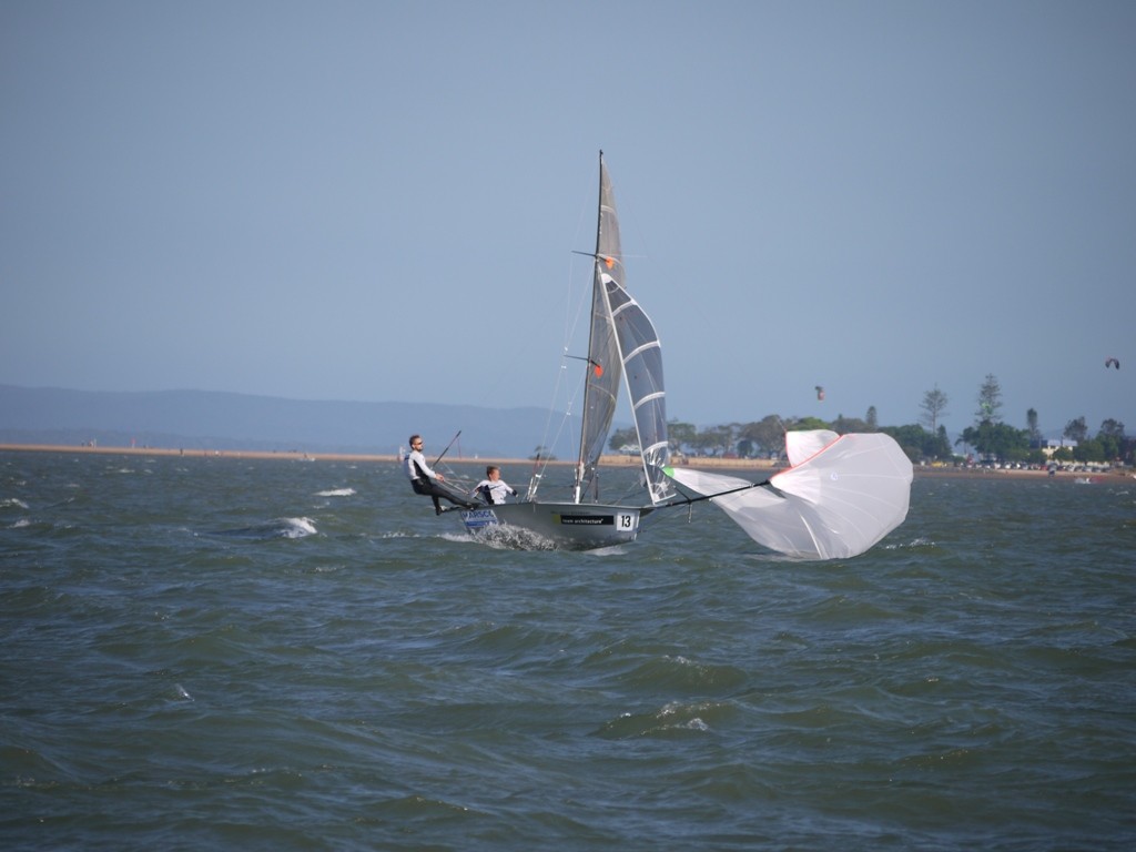 Melanie Parkin hauling in the kite to get up to the finish. - 12ft Skiff Interdominions - Races 8 and 9 photo copyright Cassie Buckley taken at  and featuring the  class