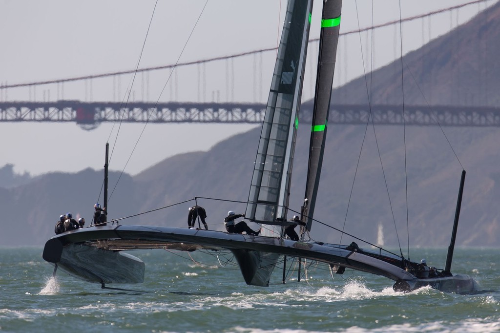 0racle Team USA showing the platform twist, and the way they have been able to clean up the drag in the support structure below the wingsail © ACEA - Photo Gilles Martin-Raget http://photo.americascup.com/