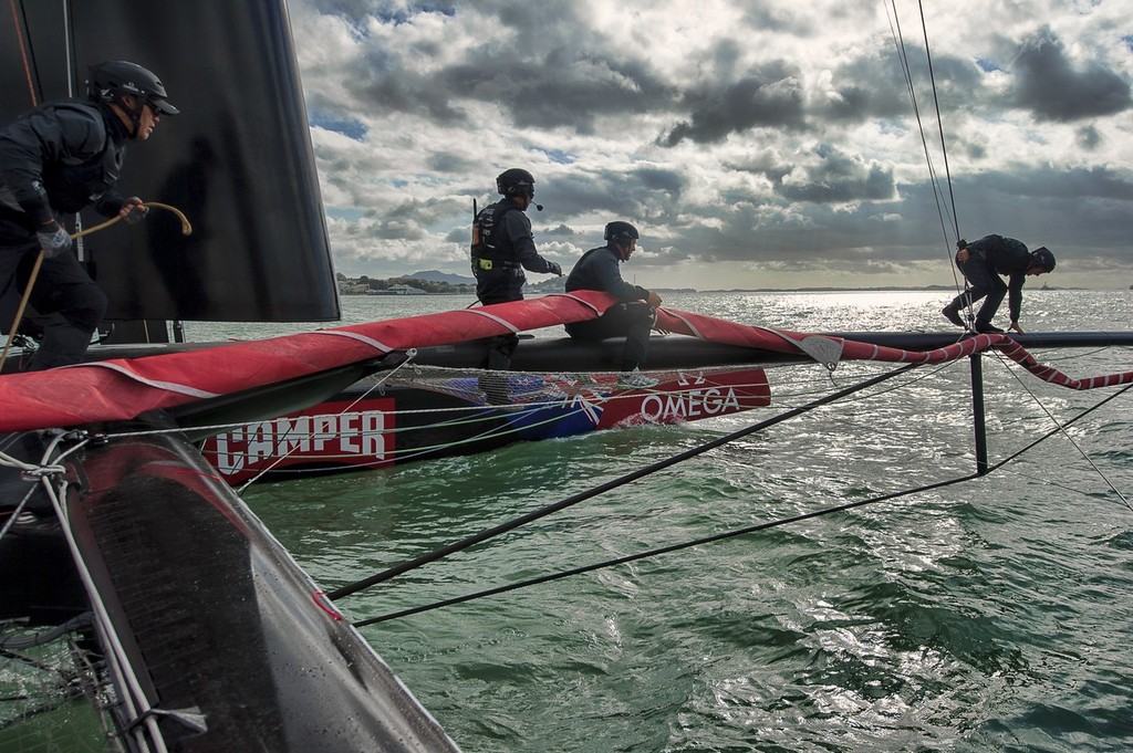 Preparing to hoist the Genoa. Emirates Team New Zealand. Day 13 of testing for the team’s first AC72. Hauraki Gulf, Auckland.  © Chris Cameron/ETNZ http://www.chriscameron.co.nz