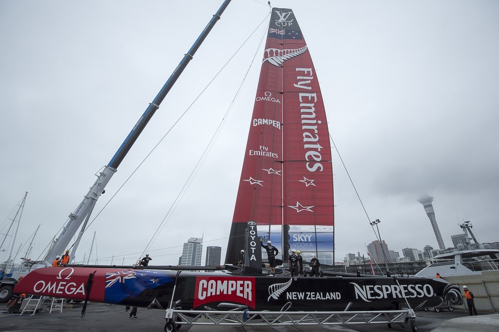 Emirates Team New Zealand step the wing in the teams second AC72, NZL5 for the naming ceremony. © Emirates Team New Zealand / Photo Chris Cameron ETNZ 