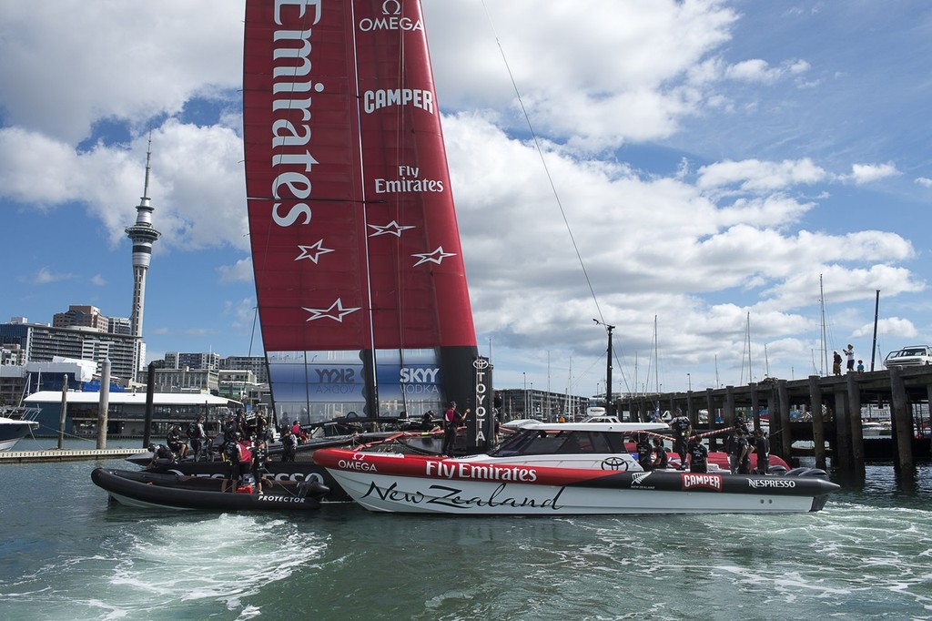 Emirates Team New Zealand's second AC72, NZL5 returns to base after it's first shake down sail. 12/2/2013 photo copyright Chris Cameron/ETNZ http://www.chriscameron.co.nz taken at  and featuring the  class