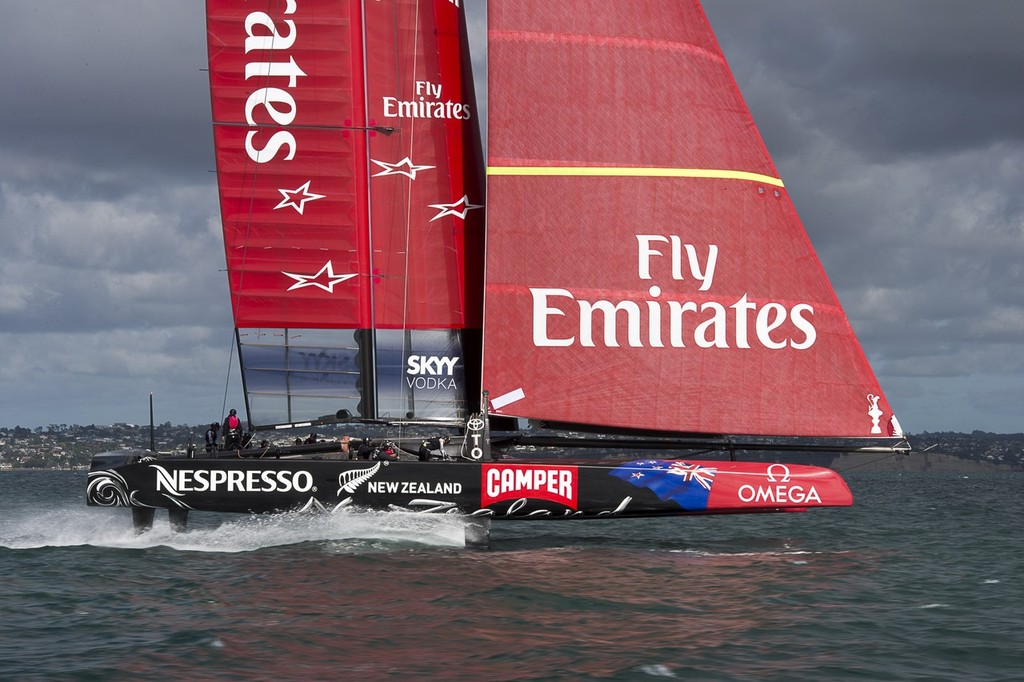 Emirates Team New Zealand, NZL5 takes to the air again on its second day sailing in Auckland. 14/2/2013 photo copyright Chris Cameron/ETNZ http://www.chriscameron.co.nz taken at  and featuring the  class